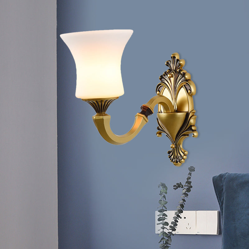 Bell Bedroom Up Wall Mounted Light Antiqued Frosted Glass 1/2-Light Brass Wall Lamp Fixture 1.0 Brass A Clearhalo 'Wall Lamps & Sconces' 'Wall Lights' Lighting' 810159