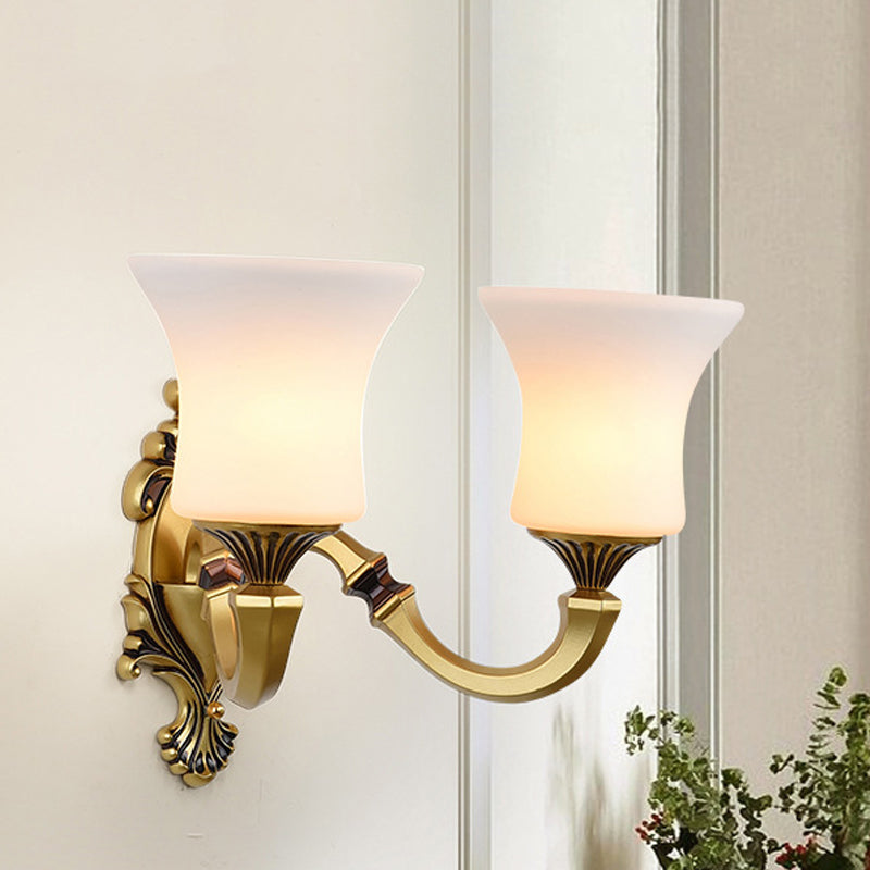 Bell Bedroom Up Wall Mounted Light Antiqued Frosted Glass 1/2-Light Brass Wall Lamp Fixture 2.0 Brass A Clearhalo 'Wall Lamps & Sconces' 'Wall Lights' Lighting' 810163