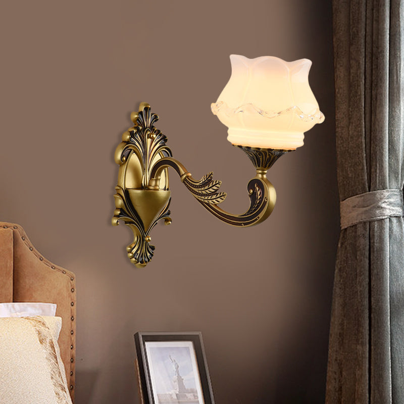 Vintage Curved Arm Wall Lighting Idea 1/2-Bulb Metallic Wall Mounted Lamp in Brass with Flower Milk Glass Shade 1.0 Brass A Clearhalo 'Wall Lamps & Sconces' 'Wall Lights' Lighting' 810178