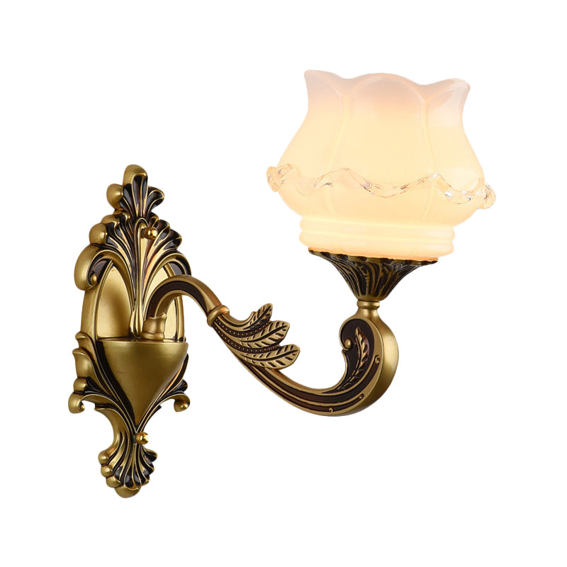 Vintage Curved Arm Wall Lighting Idea 1/2-Bulb Metallic Wall Mounted Lamp in Brass with Flower Milk Glass Shade Clearhalo 'Wall Lamps & Sconces' 'Wall Lights' Lighting' 810180