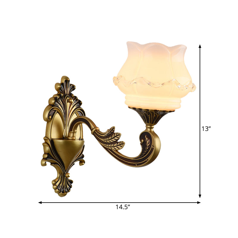 Vintage Curved Arm Wall Lighting Idea 1/2-Bulb Metallic Wall Mounted Lamp in Brass with Flower Milk Glass Shade Clearhalo 'Wall Lamps & Sconces' 'Wall Lights' Lighting' 810181