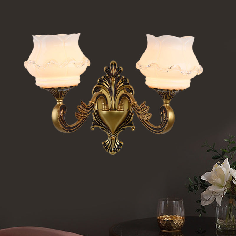 Vintage Curved Arm Wall Lighting Idea 1/2-Bulb Metallic Wall Mounted Lamp in Brass with Flower Milk Glass Shade 2.0 Brass A Clearhalo 'Wall Lamps & Sconces' 'Wall Lights' Lighting' 810182