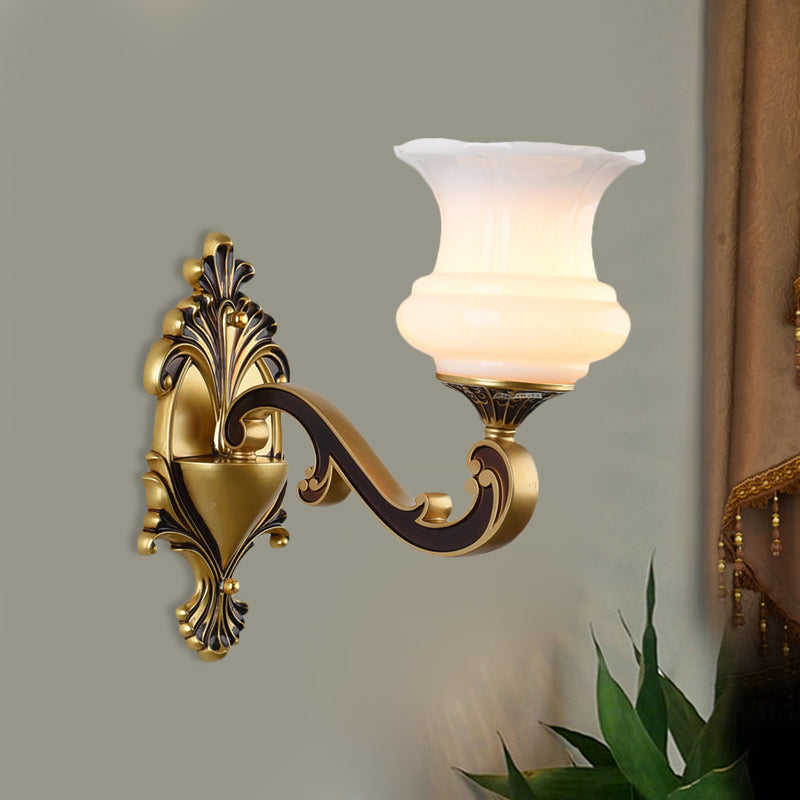 Vintage Curved Arm Wall Lighting Idea 1/2-Bulb Metallic Wall Mounted Lamp in Brass with Flower Milk Glass Shade 1.0 Brass B Clearhalo 'Wall Lamps & Sconces' 'Wall Lights' Lighting' 810187