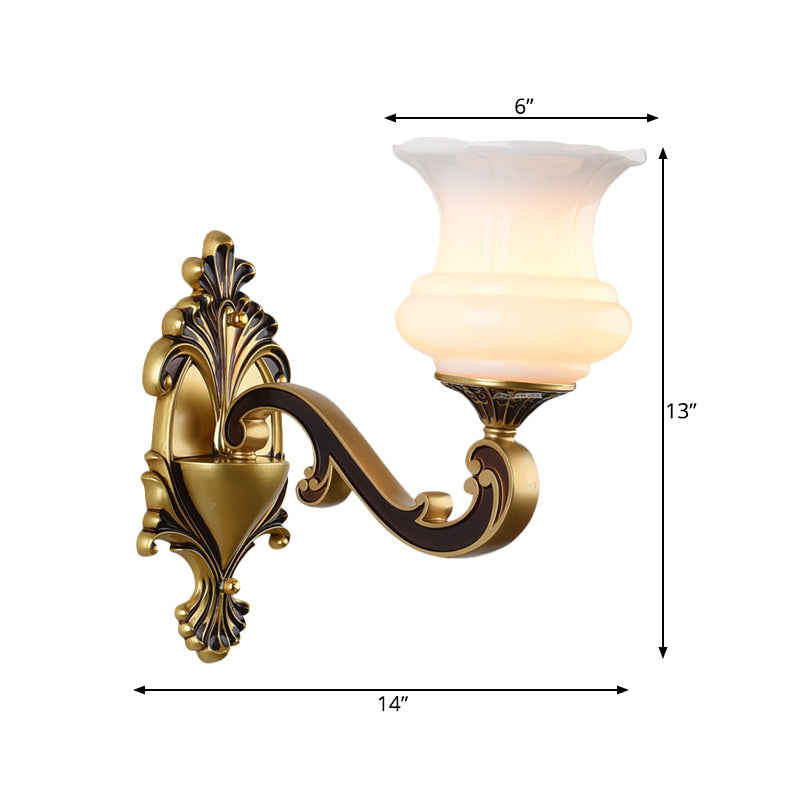 Vintage Curved Arm Wall Lighting Idea 1/2-Bulb Metallic Wall Mounted Lamp in Brass with Flower Milk Glass Shade Clearhalo 'Wall Lamps & Sconces' 'Wall Lights' Lighting' 810191