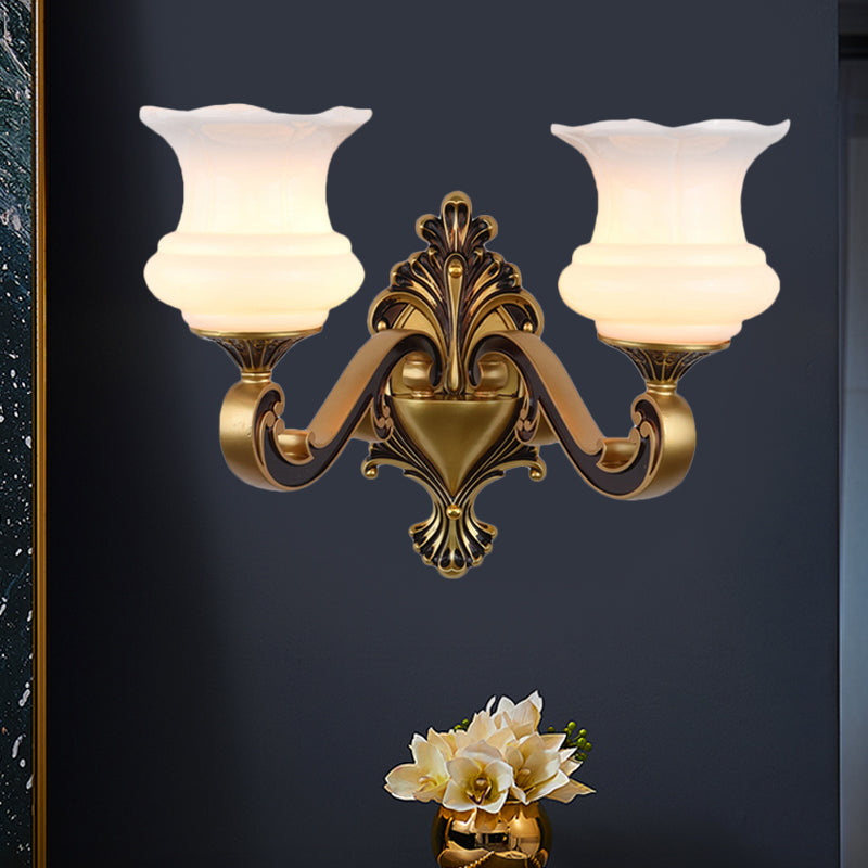 Vintage Curved Arm Wall Lighting Idea 1/2-Bulb Metallic Wall Mounted Lamp in Brass with Flower Milk Glass Shade 2.0 Brass B Clearhalo 'Wall Lamps & Sconces' 'Wall Lights' Lighting' 810192