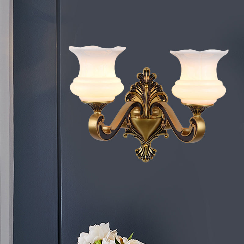 Vintage Curved Arm Wall Lighting Idea 1/2-Bulb Metallic Wall Mounted Lamp in Brass with Flower Milk Glass Shade Clearhalo 'Wall Lamps & Sconces' 'Wall Lights' Lighting' 810193