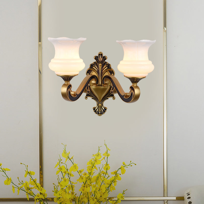 Vintage Curved Arm Wall Lighting Idea 1/2-Bulb Metallic Wall Mounted Lamp in Brass with Flower Milk Glass Shade Clearhalo 'Wall Lamps & Sconces' 'Wall Lights' Lighting' 810194