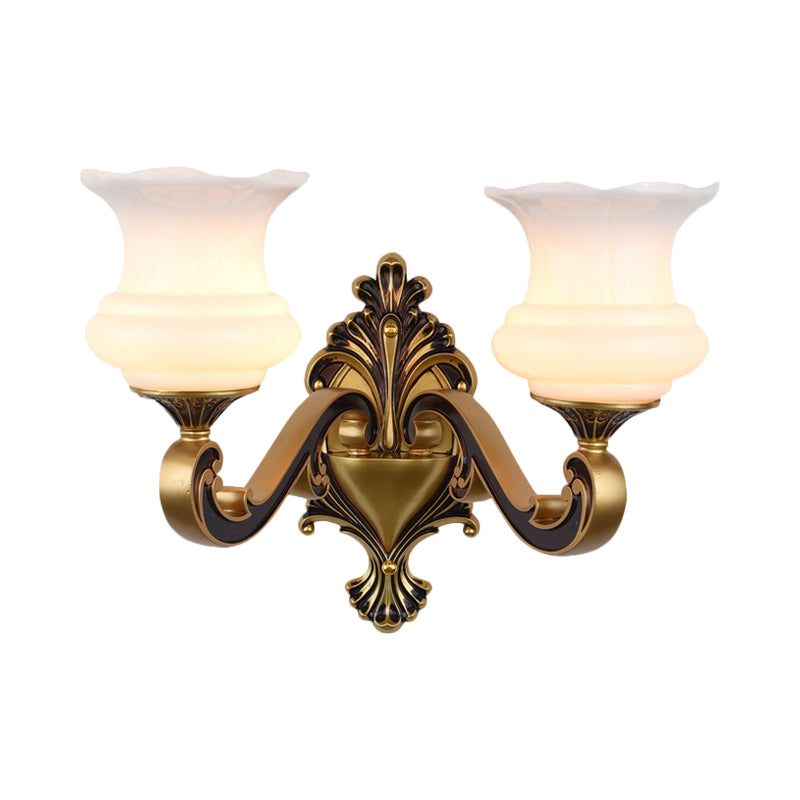 Vintage Curved Arm Wall Lighting Idea 1/2-Bulb Metallic Wall Mounted Lamp in Brass with Flower Milk Glass Shade Clearhalo 'Wall Lamps & Sconces' 'Wall Lights' Lighting' 810195