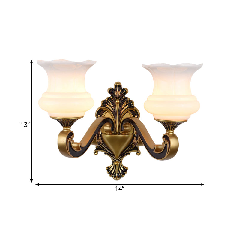 Vintage Curved Arm Wall Lighting Idea 1/2-Bulb Metallic Wall Mounted Lamp in Brass with Flower Milk Glass Shade Clearhalo 'Wall Lamps & Sconces' 'Wall Lights' Lighting' 810196