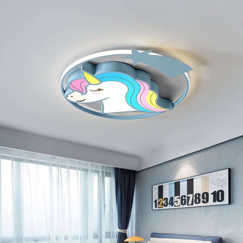 Cartoon Giraffe/Unicorn Flush Light Iron Children Bedroom LED Flush Mount Lighting Fixture in Pink/Yellow/Blue Blue Unicorn Clearhalo 'Ceiling Lights' 'Close To Ceiling Lights' 'Close to ceiling' 'Flush mount' Lighting' 810205