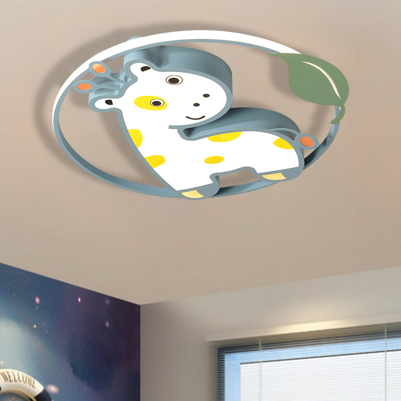 Cartoon Giraffe/Unicorn Flush Light Iron Children Bedroom LED Flush Mount Lighting Fixture in Pink/Yellow/Blue Blue Giraffe Clearhalo 'Ceiling Lights' 'Close To Ceiling Lights' 'Close to ceiling' 'Flush mount' Lighting' 810213