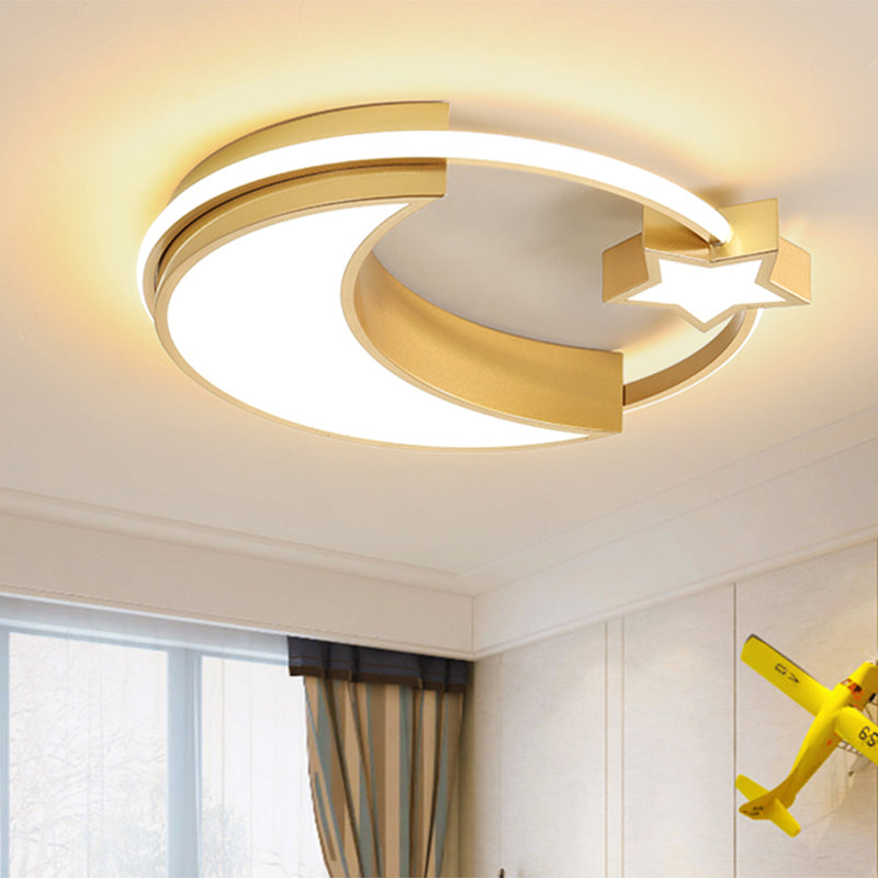 Kids Moon and Star Flush Mount Fixture Acrylic LED Bedroom Ceiling Mounted Light in Gold/Black and White Gold Clearhalo 'Ceiling Lights' 'Close To Ceiling Lights' 'Close to ceiling' 'Flush mount' Lighting' 810443