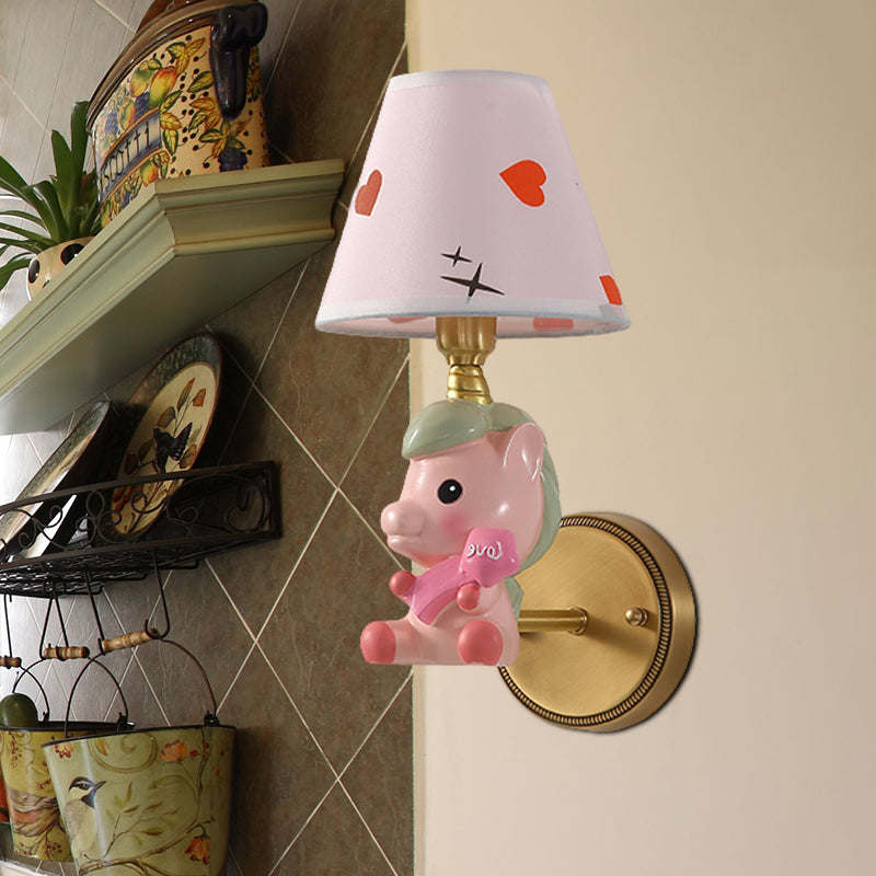 Barrel Metal Sconce Kids Single Light Pink/Blue Wall Mounted Light Fixture with Cartoon Pony Base Pink Clearhalo 'Wall Lamps & Sconces' 'Wall Lights' Lighting' 810463