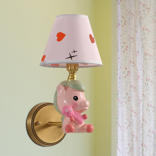 Barrel Metal Sconce Kids Single Light Pink/Blue Wall Mounted Light Fixture with Cartoon Pony Base Clearhalo 'Wall Lamps & Sconces' 'Wall Lights' Lighting' 810464