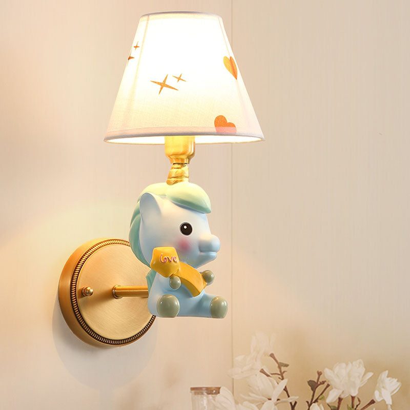 Barrel Metal Sconce Kids Single Light Pink/Blue Wall Mounted Light Fixture with Cartoon Pony Base Blue Clearhalo 'Wall Lamps & Sconces' 'Wall Lights' Lighting' 810467