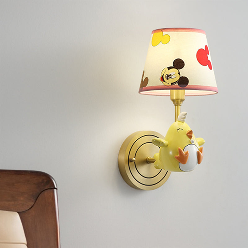 Metal Chicken Sconce Lamp Cartoon 1 Light Wall Light Fixture with Patterned Fabric Shade for Bedroom in Yellow Yellow Clearhalo 'Wall Lamps & Sconces' 'Wall Lights' Lighting' 810471