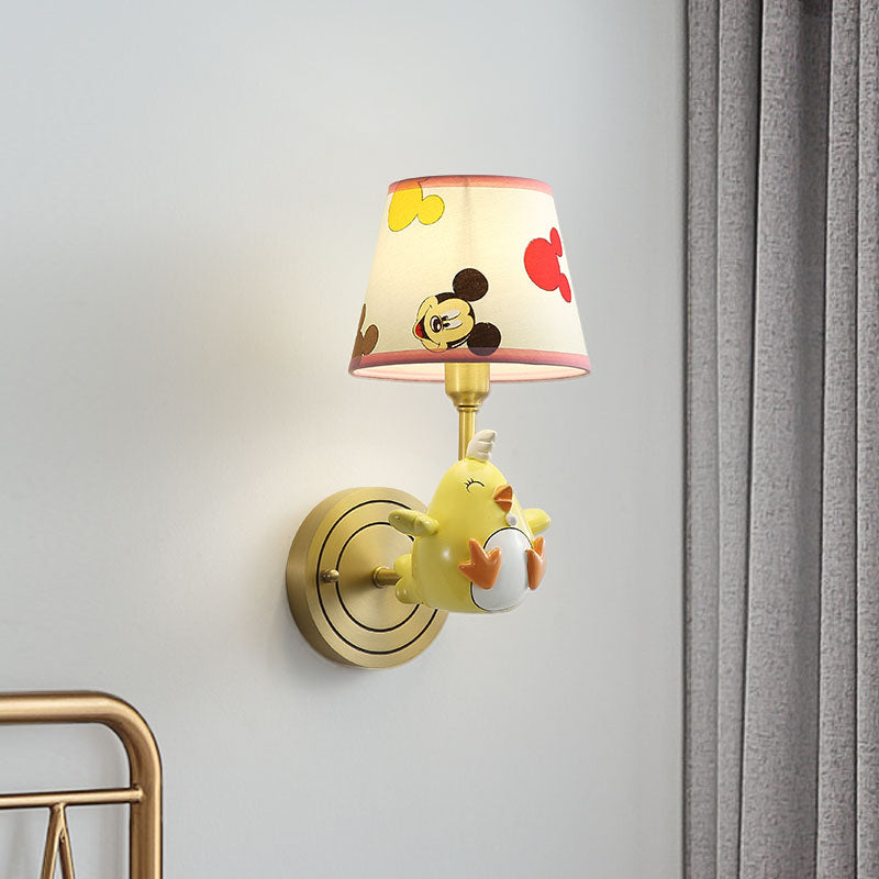 Metal Chicken Sconce Lamp Cartoon 1 Light Wall Light Fixture with Patterned Fabric Shade for Bedroom in Yellow Clearhalo 'Wall Lamps & Sconces' 'Wall Lights' Lighting' 810472