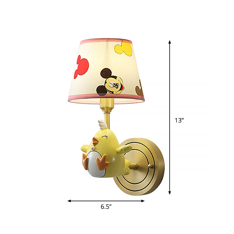 Metal Chicken Sconce Lamp Cartoon 1 Light Wall Light Fixture with Patterned Fabric Shade for Bedroom in Yellow Clearhalo 'Wall Lamps & Sconces' 'Wall Lights' Lighting' 810474