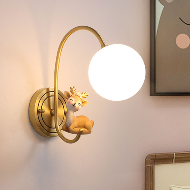 Single Bulb Bedside Wall Lamp Kids Gold Night Table Lamp with Deer Decoration and Globe Opal Glass Shade Gold Clearhalo 'Wall Lamps & Sconces' 'Wall Lights' Lighting' 810479