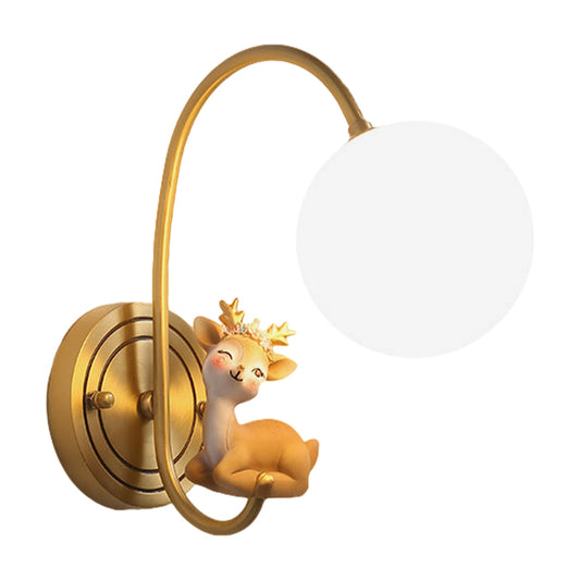 Single Bulb Bedside Wall Lamp Kids Gold Night Table Lamp with Deer Decoration and Globe Opal Glass Shade Clearhalo 'Wall Lamps & Sconces' 'Wall Lights' Lighting' 810480