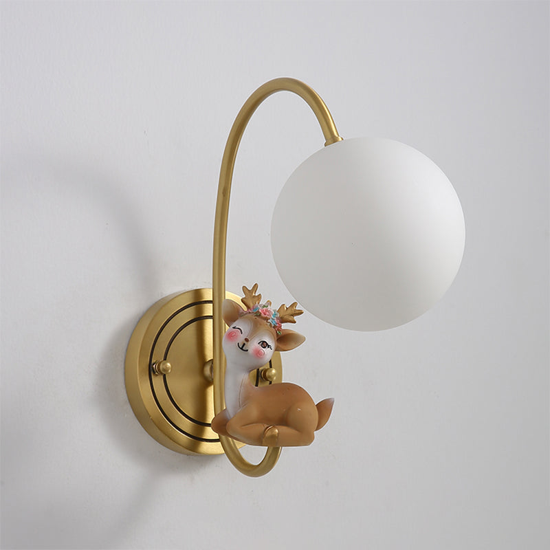 Single Bulb Bedside Wall Lamp Kids Gold Night Table Lamp with Deer Decoration and Globe Opal Glass Shade Clearhalo 'Wall Lamps & Sconces' 'Wall Lights' Lighting' 810481