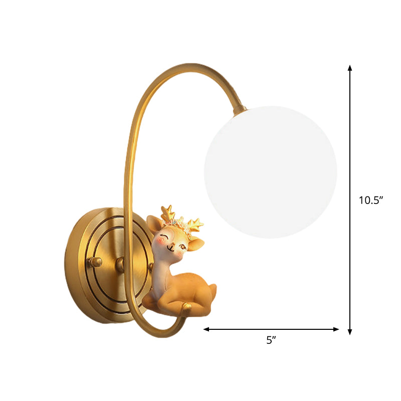 Single Bulb Bedside Wall Lamp Kids Gold Night Table Lamp with Deer Decoration and Globe Opal Glass Shade Clearhalo 'Wall Lamps & Sconces' 'Wall Lights' Lighting' 810482