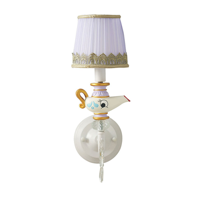 1 Head Indoor Sconce Light Contemporary White-Gold Wall Lamp with Barrel Fabric Shade and Teapot Deco Clearhalo 'Wall Lamps & Sconces' 'Wall Lights' Lighting' 810489
