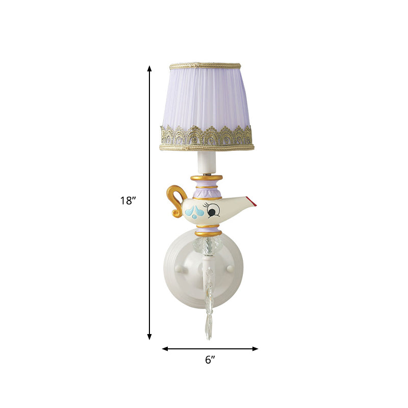 1 Head Indoor Sconce Light Contemporary White-Gold Wall Lamp with Barrel Fabric Shade and Teapot Deco Clearhalo 'Wall Lamps & Sconces' 'Wall Lights' Lighting' 810490