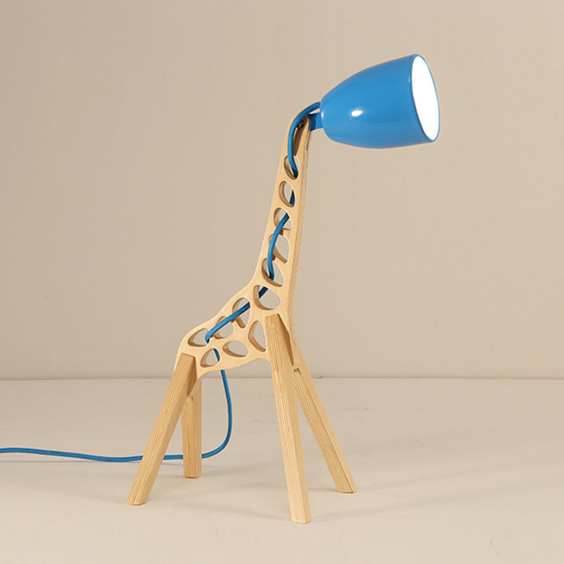 Cartoon Bell Night Light Metal 1-Light Bedroom Table Lamp in Blue/Red/Green with Standing Giraffe Wood Base Clearhalo 'Lamps' 'Table Lamps' Lighting' 810625