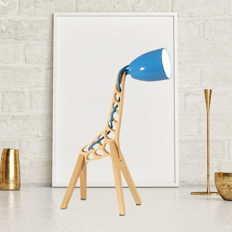 Cartoon Bell Night Light Metal 1-Light Bedroom Table Lamp in Blue/Red/Green with Standing Giraffe Wood Base Clearhalo 'Lamps' 'Table Lamps' Lighting' 810627