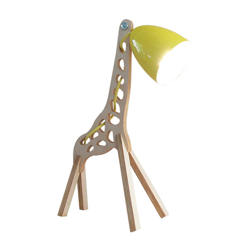 Cartoon Bell Night Light Metal 1-Light Bedroom Table Lamp in Blue/Red/Green with Standing Giraffe Wood Base Clearhalo 'Lamps' 'Table Lamps' Lighting' 810632