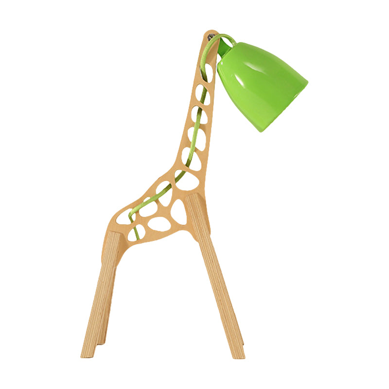 Cartoon Bell Night Light Metal 1-Light Bedroom Table Lamp in Blue/Red/Green with Standing Giraffe Wood Base Clearhalo 'Lamps' 'Table Lamps' Lighting' 810636