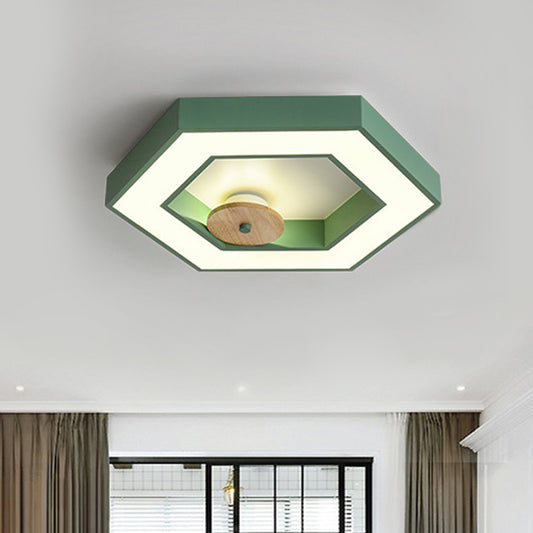 Hexagon Frame Bedroom Ceiling Flush Metallic LED Macaron Flush Mount Lighting in Green/Grey/Black and Wood Green Clearhalo 'Ceiling Lights' 'Close To Ceiling Lights' 'Close to ceiling' 'Flush mount' Lighting' 810670