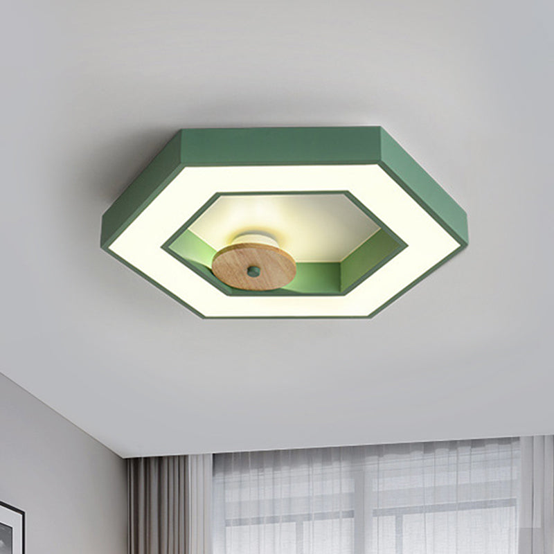 Hexagon Frame Bedroom Ceiling Flush Metallic LED Macaron Flush Mount Lighting in Green/Grey/Black and Wood Clearhalo 'Ceiling Lights' 'Close To Ceiling Lights' 'Close to ceiling' 'Flush mount' Lighting' 810671