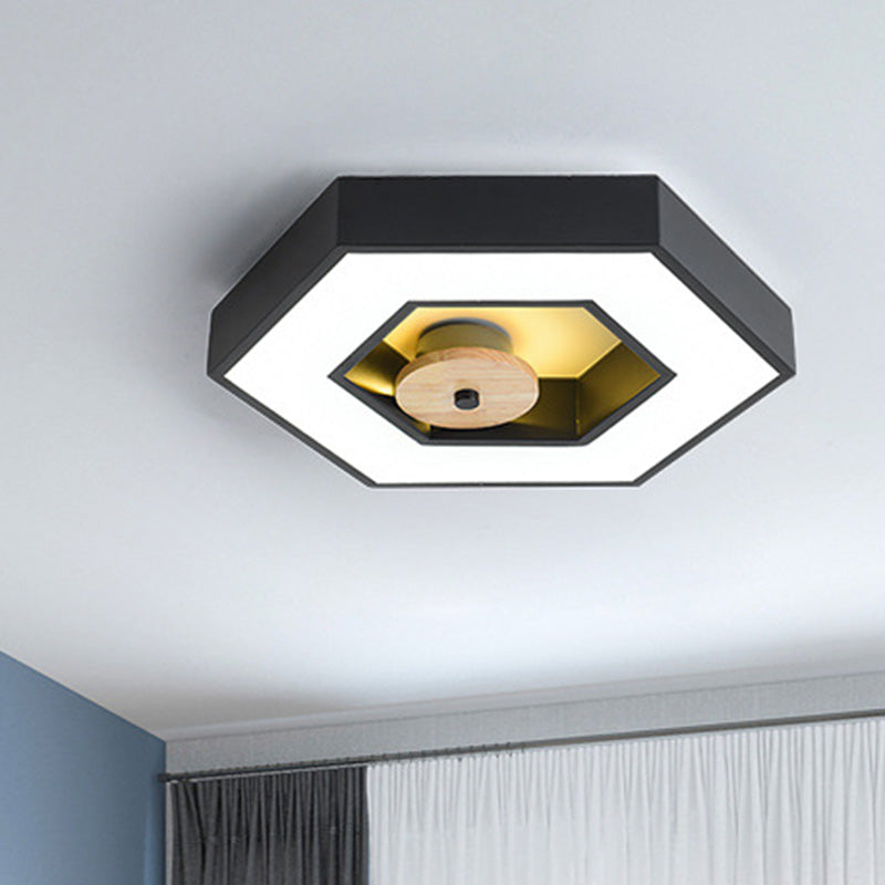 Hexagon Frame Bedroom Ceiling Flush Metallic LED Macaron Flush Mount Lighting in Green/Grey/Black and Wood Black Clearhalo 'Ceiling Lights' 'Close To Ceiling Lights' 'Close to ceiling' 'Flush mount' Lighting' 810674