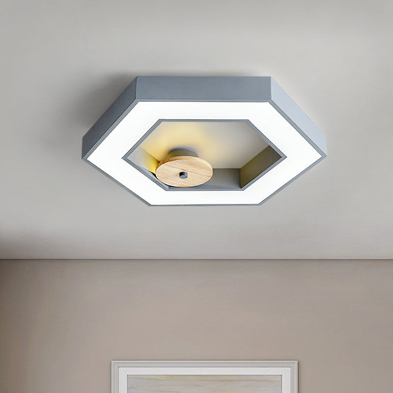 Hexagon Frame Bedroom Ceiling Flush Metallic LED Macaron Flush Mount Lighting in Green/Grey/Black and Wood Grey Clearhalo 'Ceiling Lights' 'Close To Ceiling Lights' 'Close to ceiling' 'Flush mount' Lighting' 810678