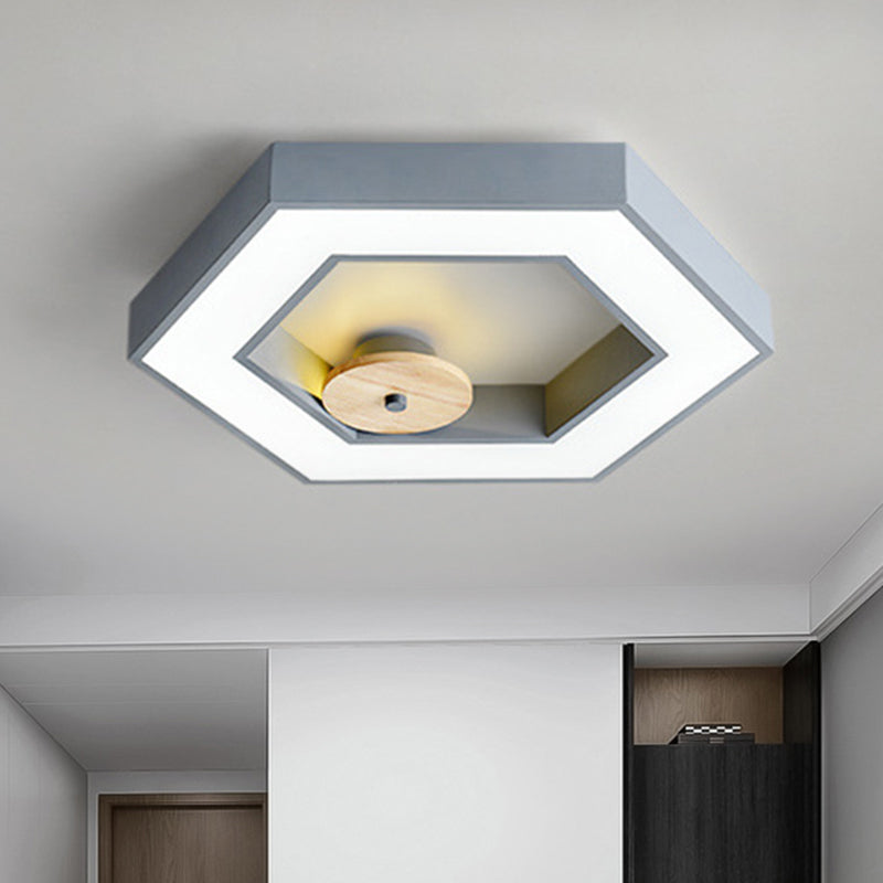 Hexagon Frame Bedroom Ceiling Flush Metallic LED Macaron Flush Mount Lighting in Green/Grey/Black and Wood Clearhalo 'Ceiling Lights' 'Close To Ceiling Lights' 'Close to ceiling' 'Flush mount' Lighting' 810679