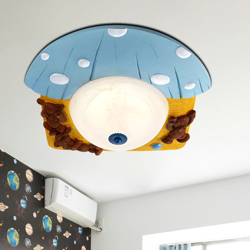 Cartoon Bear Ceiling Mounted Fixture Resin LED Kids-Room Flush Lighting in Red/Blue with Dome White Glass Shade Blue Clearhalo 'Ceiling Lights' 'Close To Ceiling Lights' 'Close to ceiling' 'Flush mount' Lighting' 810702