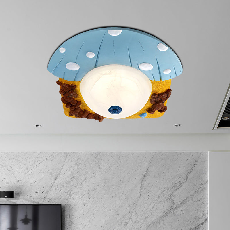 Cartoon Bear Ceiling Mounted Fixture Resin LED Kids-Room Flush Lighting in Red/Blue with Dome White Glass Shade Clearhalo 'Ceiling Lights' 'Close To Ceiling Lights' 'Close to ceiling' 'Flush mount' Lighting' 810703