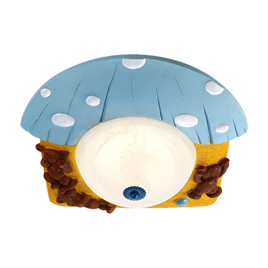 Cartoon Bear Ceiling Mounted Fixture Resin LED Kids-Room Flush Lighting in Red/Blue with Dome White Glass Shade Clearhalo 'Ceiling Lights' 'Close To Ceiling Lights' 'Close to ceiling' 'Flush mount' Lighting' 810704