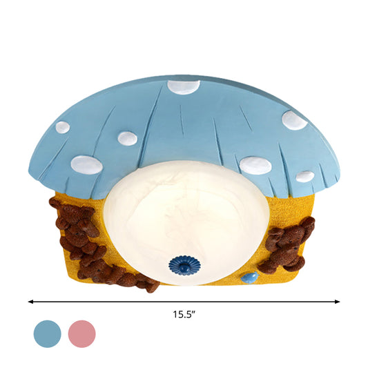 Cartoon Bear Ceiling Mounted Fixture Resin LED Kids-Room Flush Lighting in Red/Blue with Dome White Glass Shade Clearhalo 'Ceiling Lights' 'Close To Ceiling Lights' 'Close to ceiling' 'Flush mount' Lighting' 810705