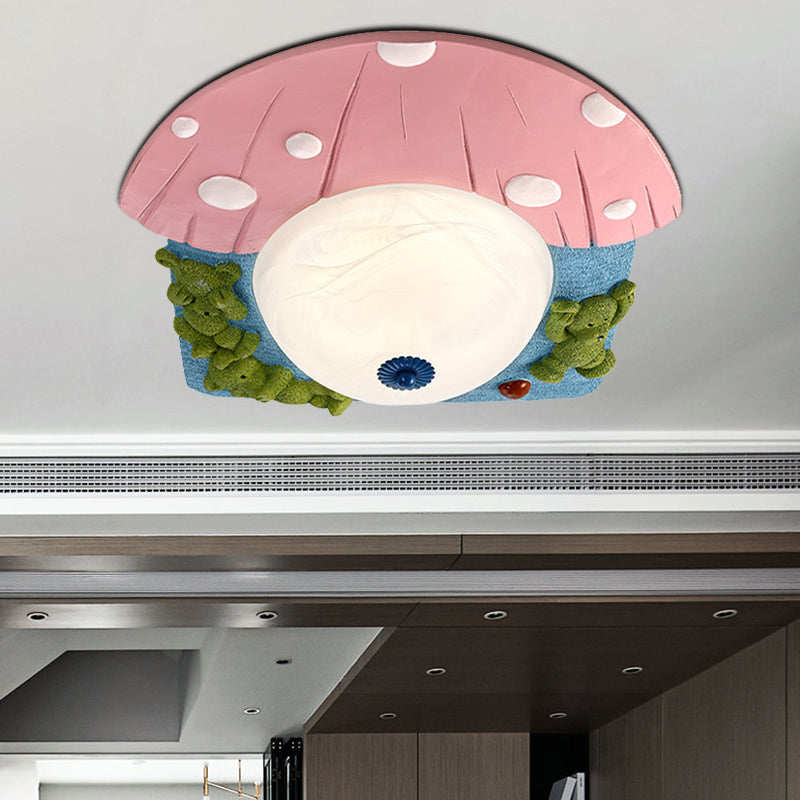 Cartoon Bear Ceiling Mounted Fixture Resin LED Kids-Room Flush Lighting in Red/Blue with Dome White Glass Shade Red Clearhalo 'Ceiling Lights' 'Close To Ceiling Lights' 'Close to ceiling' 'Flush mount' Lighting' 810706