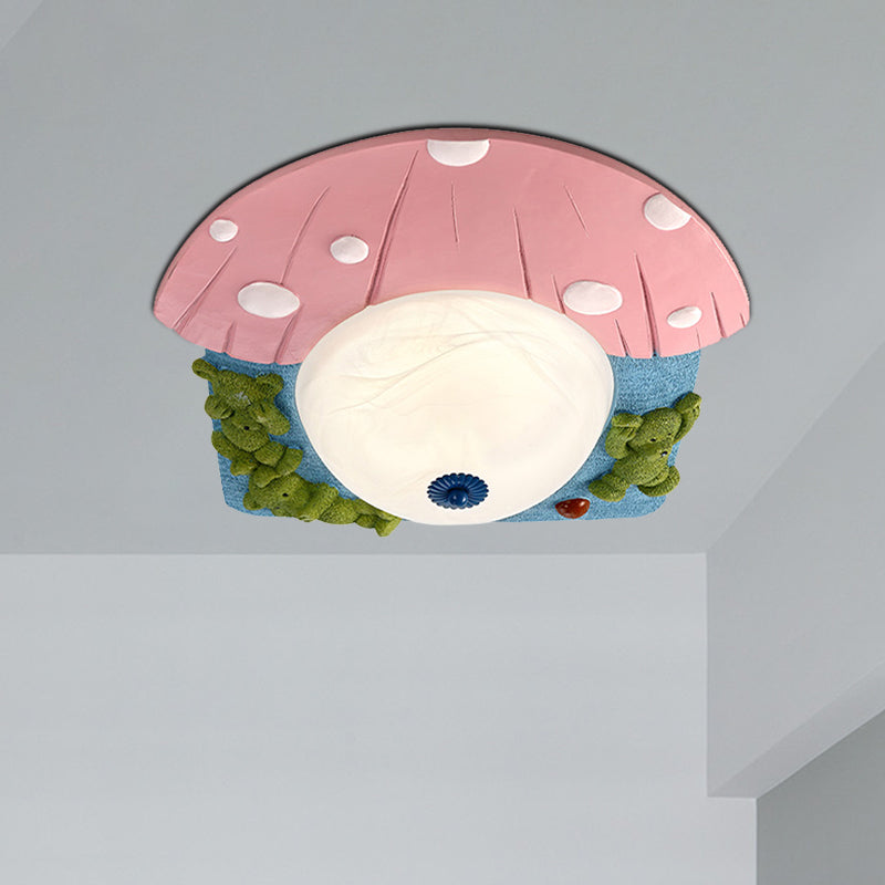 Cartoon Bear Ceiling Mounted Fixture Resin LED Kids-Room Flush Lighting in Red/Blue with Dome White Glass Shade Clearhalo 'Ceiling Lights' 'Close To Ceiling Lights' 'Close to ceiling' 'Flush mount' Lighting' 810707