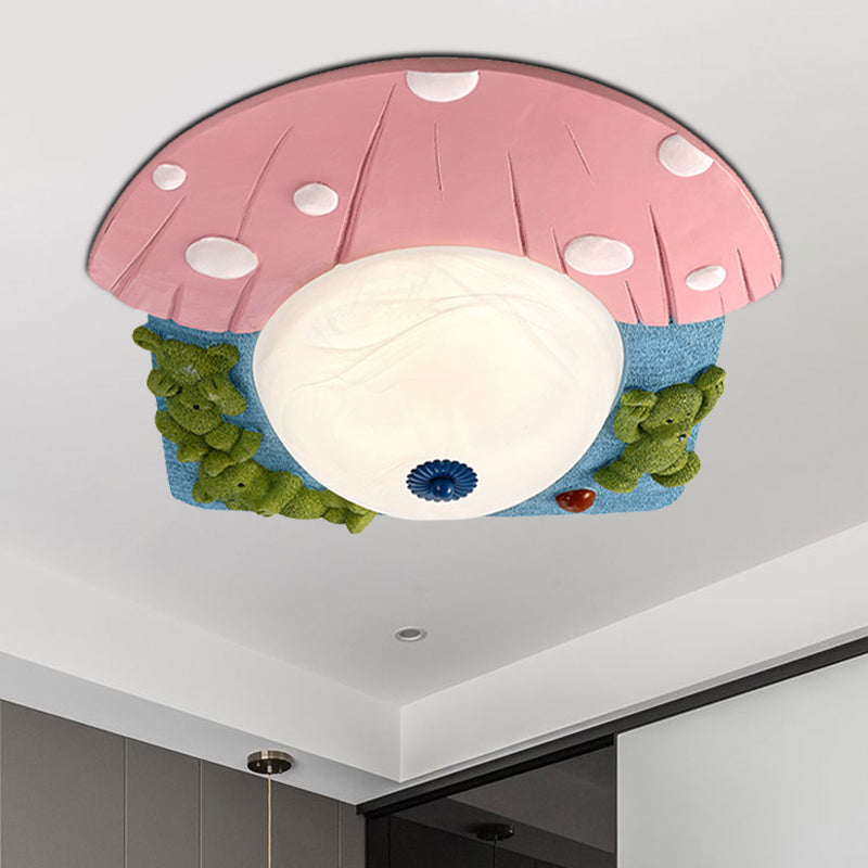 Cartoon Bear Ceiling Mounted Fixture Resin LED Kids-Room Flush Lighting in Red/Blue with Dome White Glass Shade Clearhalo 'Ceiling Lights' 'Close To Ceiling Lights' 'Close to ceiling' 'Flush mount' Lighting' 810708