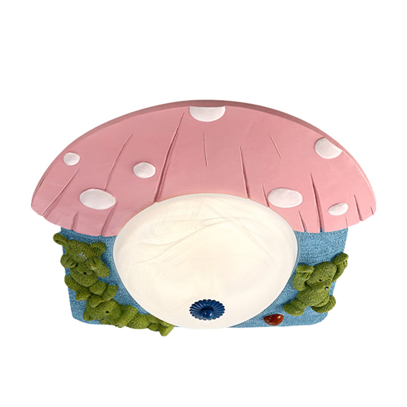 Cartoon Bear Ceiling Mounted Fixture Resin LED Kids-Room Flush Lighting in Red/Blue with Dome White Glass Shade Clearhalo 'Ceiling Lights' 'Close To Ceiling Lights' 'Close to ceiling' 'Flush mount' Lighting' 810709