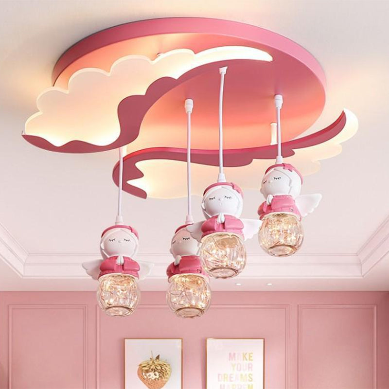 Angle Shape Semi Flush Lighting Cartoon Resin 3/4 Lights Pink Close to Ceiling Lamp with Wing Design 4 Pink Clearhalo 'Ceiling Lights' 'Close To Ceiling Lights' 'Close to ceiling' 'Semi-flushmount' Lighting' 810710