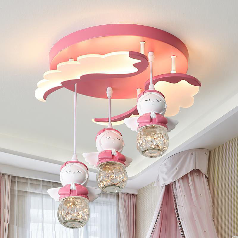 Angle Shape Semi Flush Lighting Cartoon Resin 3/4 Lights Pink Close to Ceiling Lamp with Wing Design 3 Pink Clearhalo 'Ceiling Lights' 'Close To Ceiling Lights' 'Close to ceiling' 'Semi-flushmount' Lighting' 810714