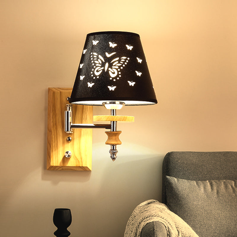 Black Barrel Fabric Sconce Light Kids 1/2 Lights Wood Wall Mounted Lamp with Butterflies Pattern 1.0 Black Clearhalo 'Wall Lamps & Sconces' 'Wall Lights' Lighting' 810723