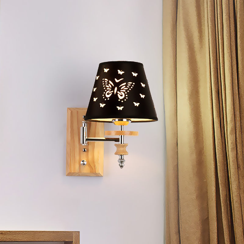 Black Barrel Fabric Sconce Light Kids 1/2 Lights Wood Wall Mounted Lamp with Butterflies Pattern Clearhalo 'Wall Lamps & Sconces' 'Wall Lights' Lighting' 810724