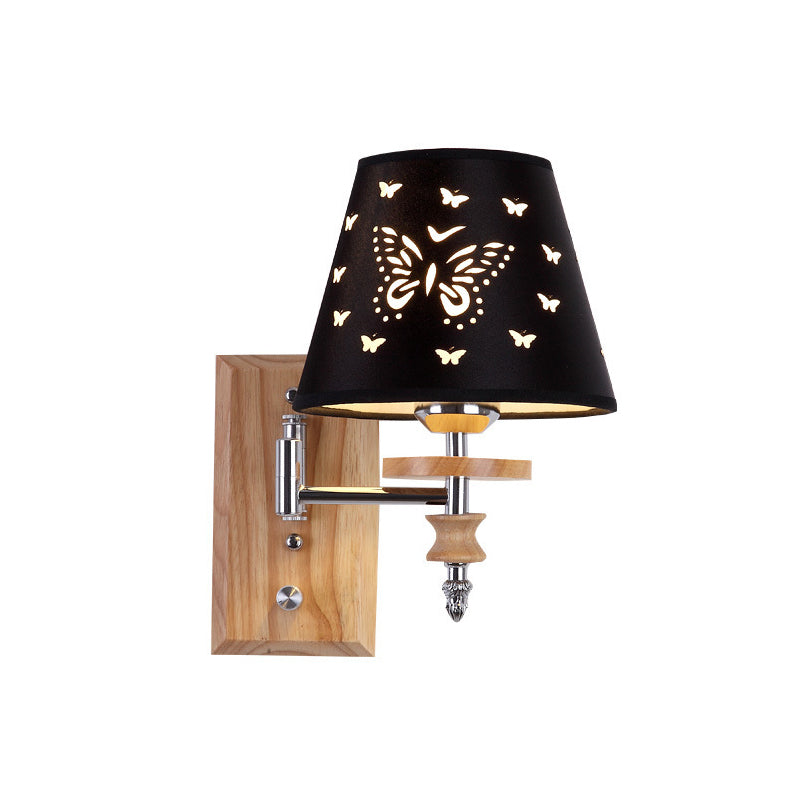 Black Barrel Fabric Sconce Light Kids 1/2 Lights Wood Wall Mounted Lamp with Butterflies Pattern Clearhalo 'Wall Lamps & Sconces' 'Wall Lights' Lighting' 810725